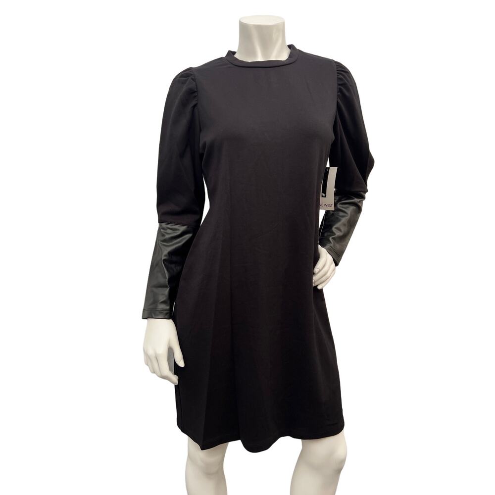 Nine West Women's Faux Leather Long Sleeve Black Short Dress Size 10